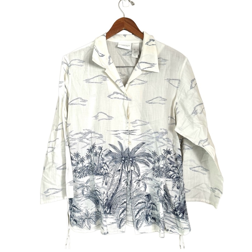 Liz Claiborne Cotton Button Front Tropical Print Blouse White Size XL
